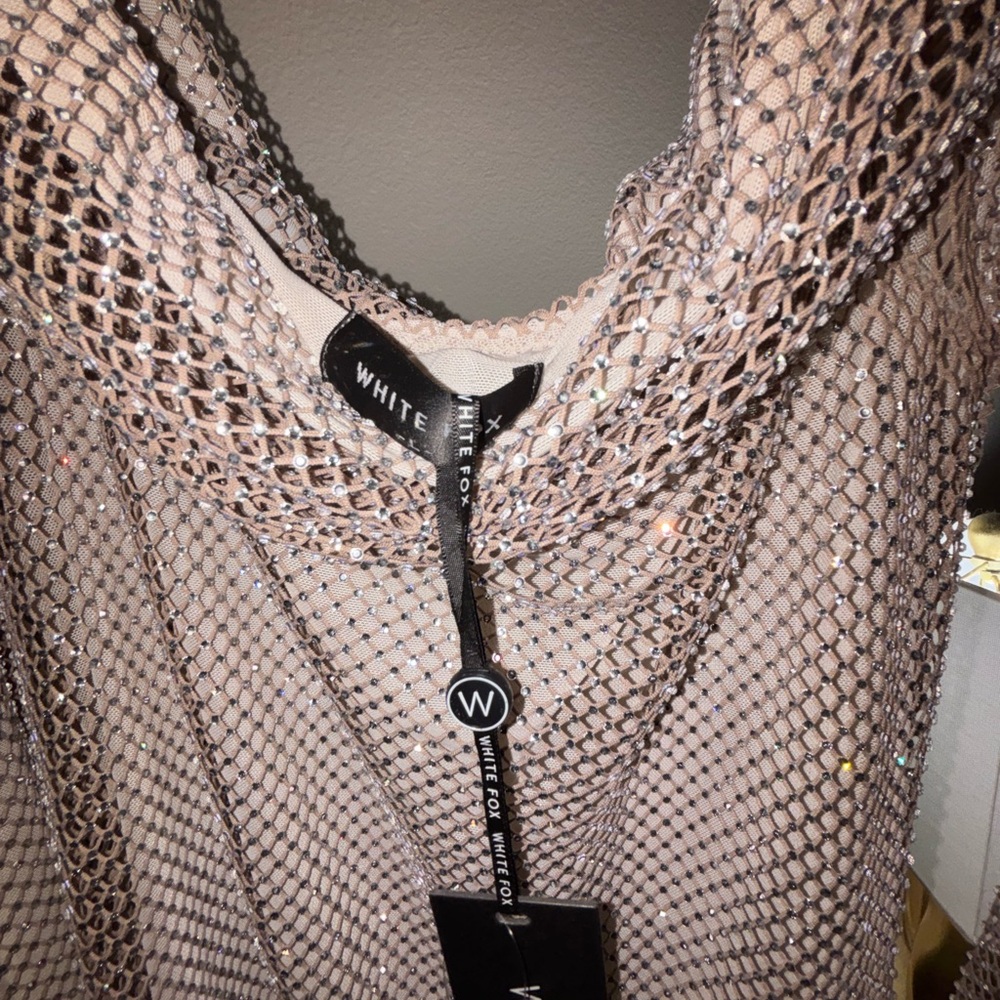 White Fox Back Track Long Sleeve Embellished Mini Dress Taupe SIZE L - Picture 6 of 8
